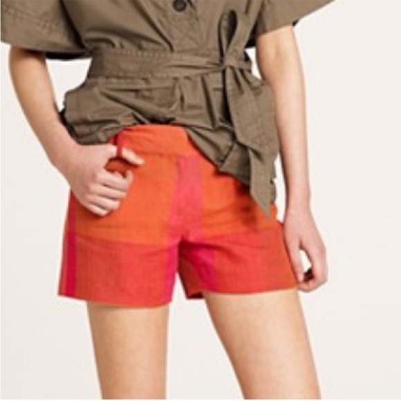 J. Crew Pink Orange‎ Linen Plaid  Shorts Size 0 - Picture 1 of 9